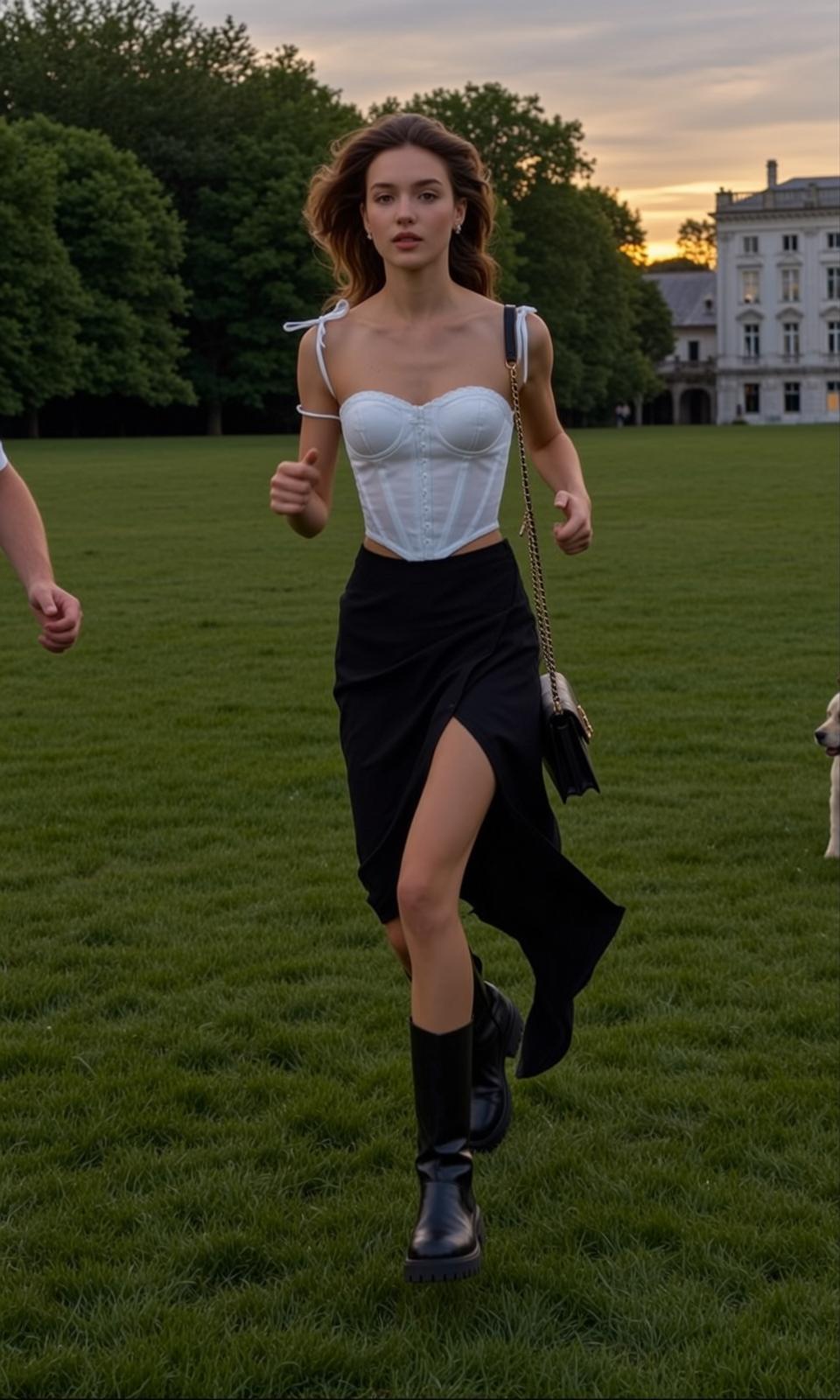 Coquettecore Captured Dynamic Mid-stride Pose Running Grassy reference photo