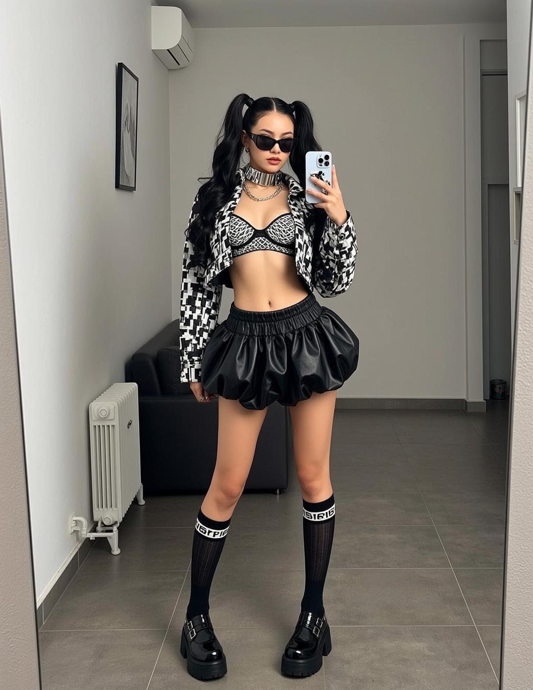 Girl Mirror Selfie Checkered Jacket Bubble Skirt reference photo