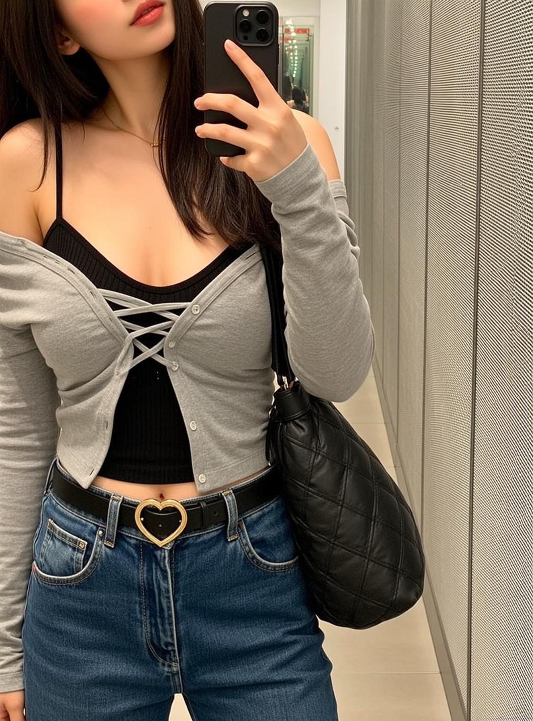 Cardigan Crop Top Hallway Selfie reference photo