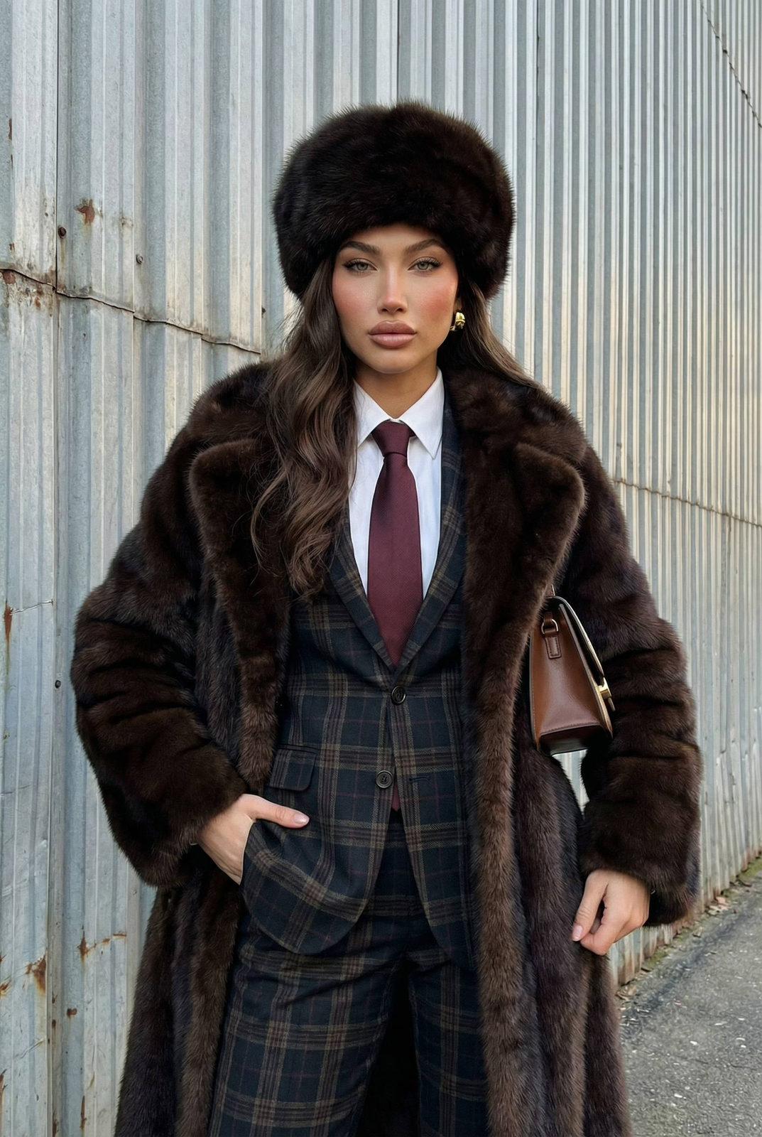 Woman Fur Coat Plaid Suit Outdoor Portrait