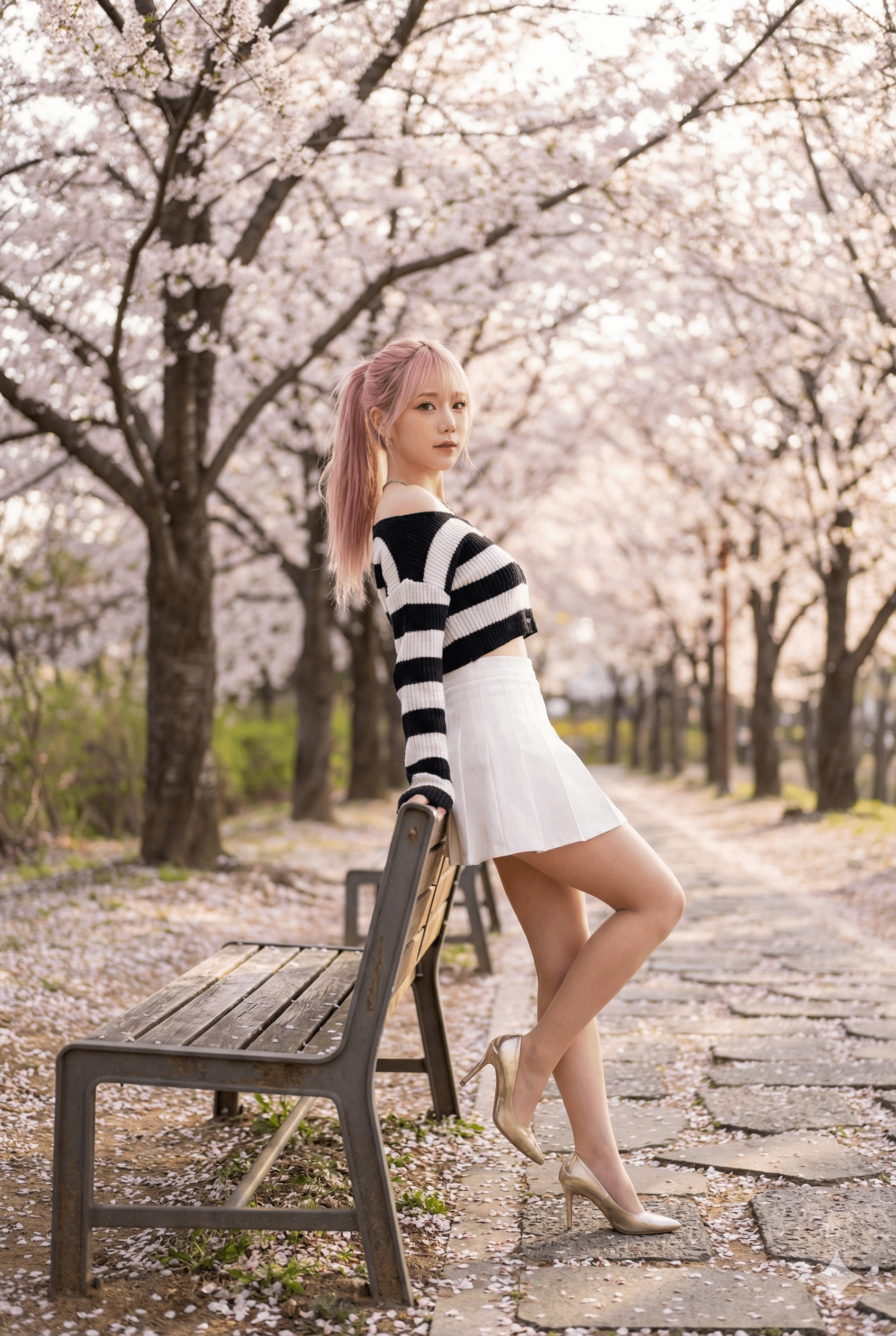 Cherry Blossom Park Bench Knit Crop Top Gold Heels