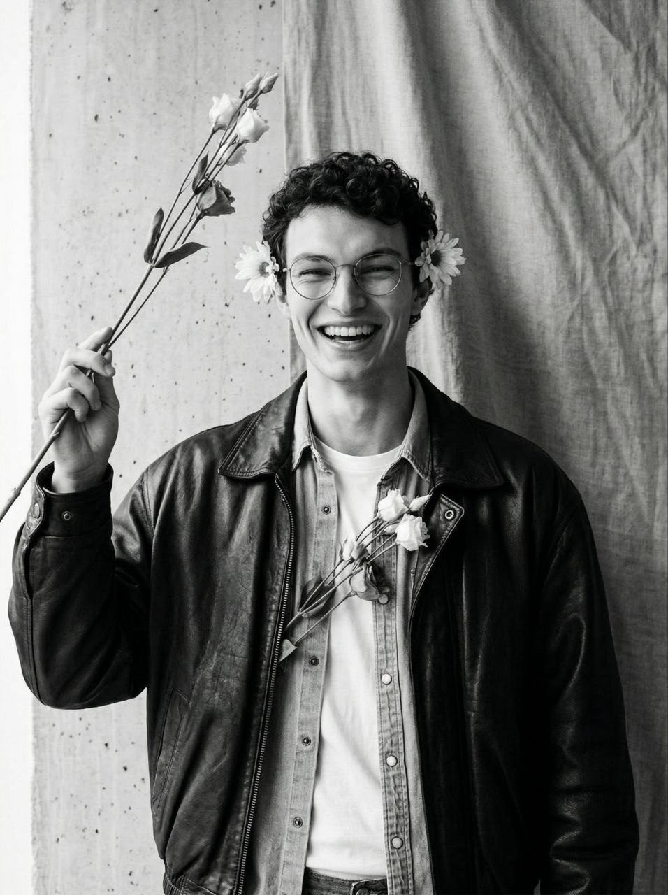 Monochrome Man Laughter Leather Flowers