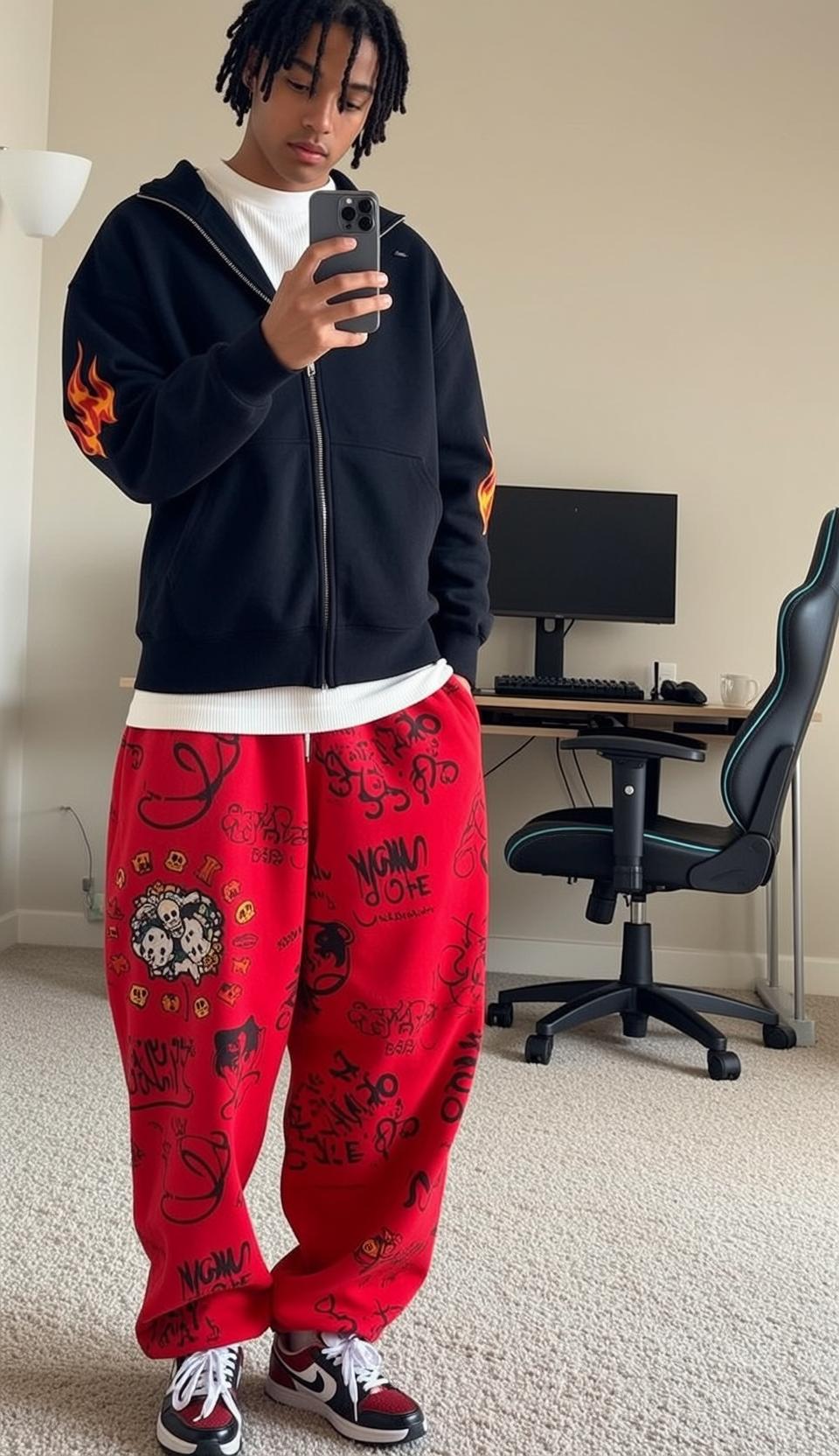 Flame Hoodie Graffiti Pants Selfie reference photo