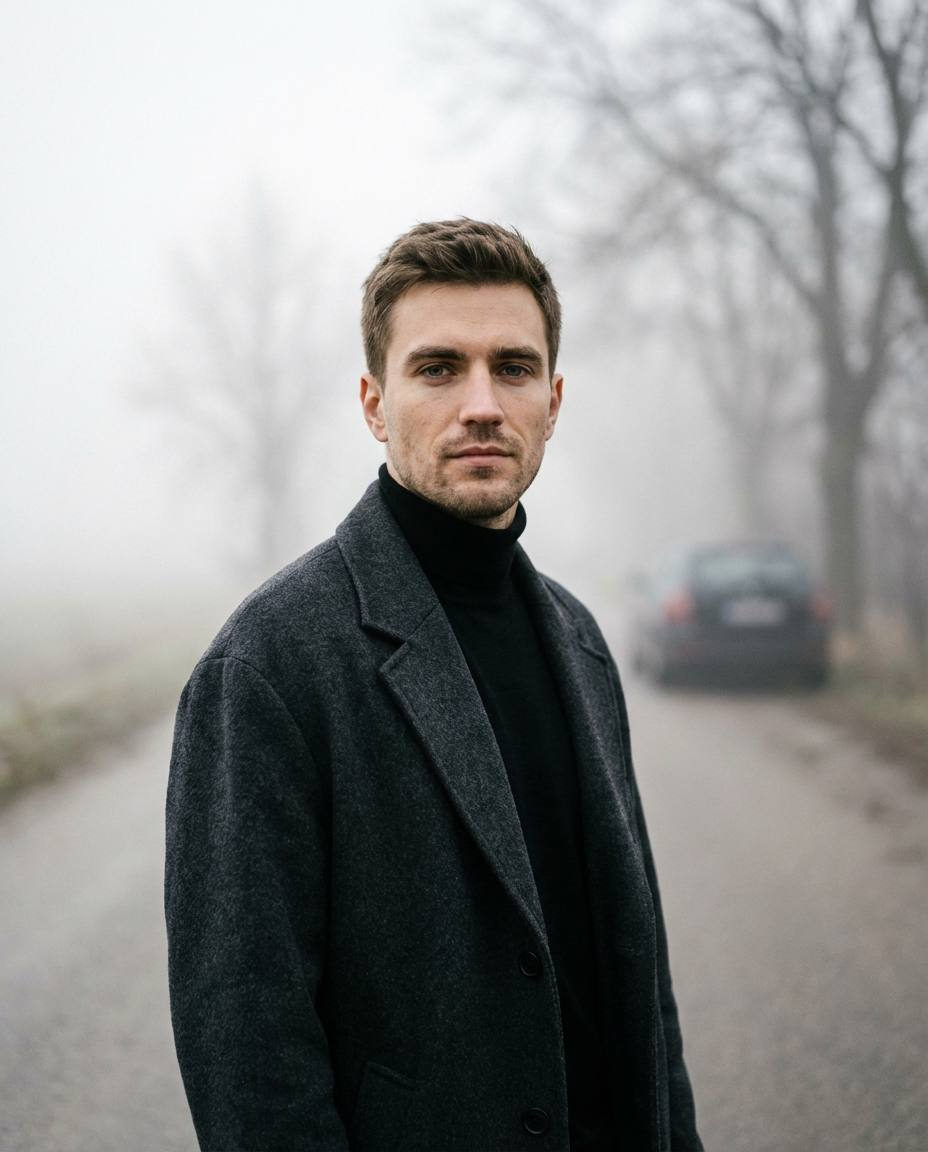 Man Foggy Road Film Portrait