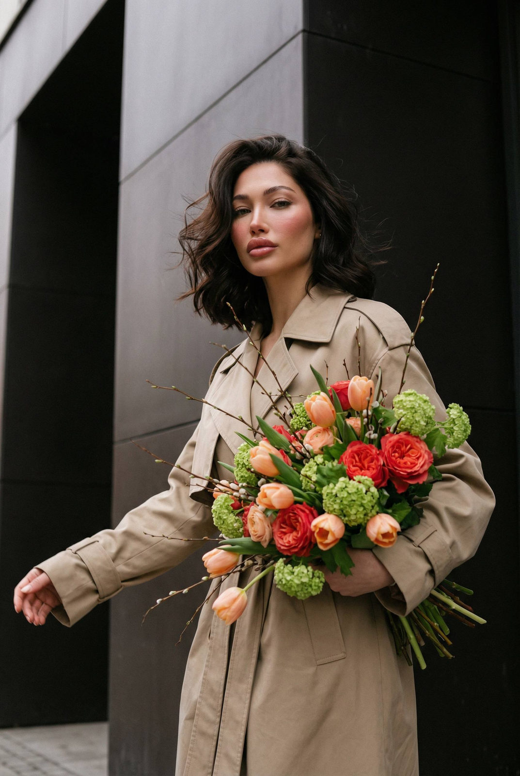 Urban Fashion Portrait Beige Trench Coat Tulips