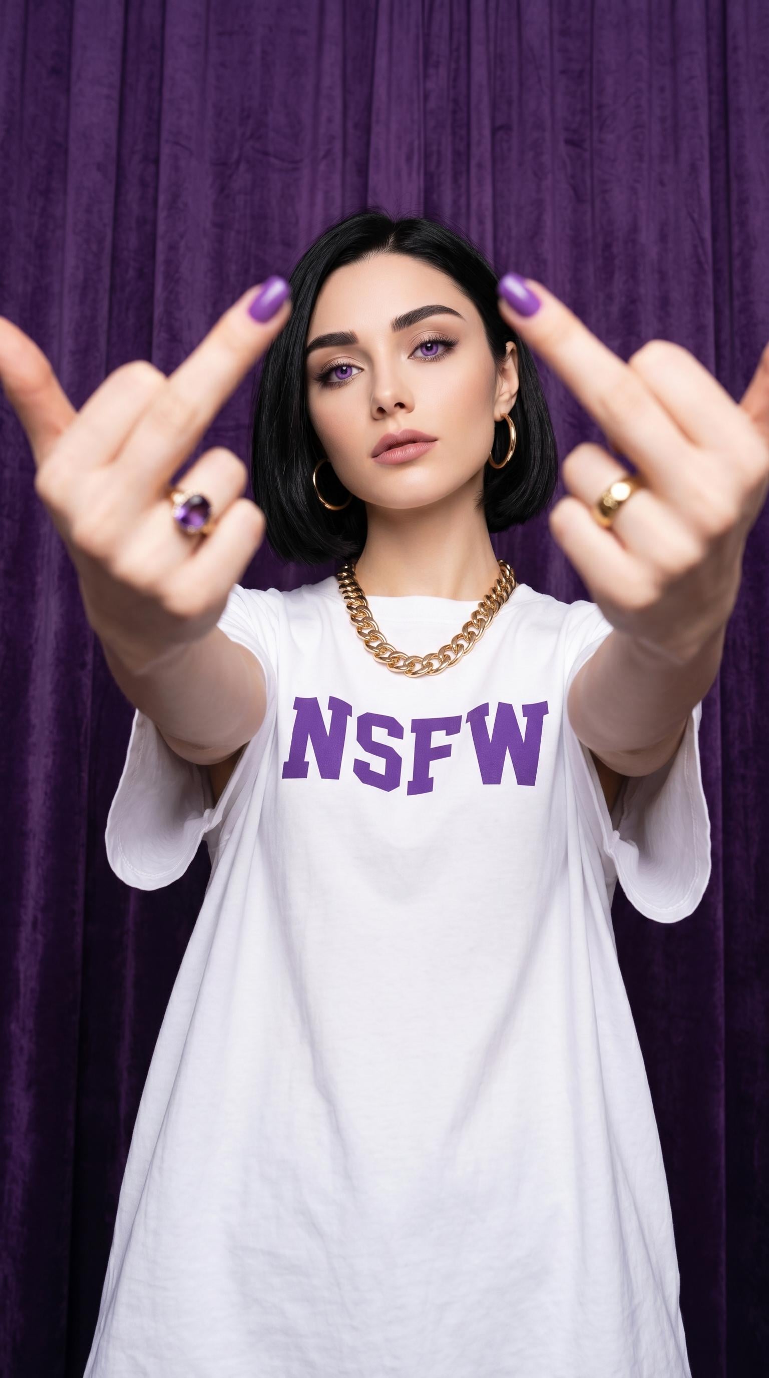 Close-up portrait of a woman extending both hands towards the camera, set against a minimalist purple velvet backdrop.