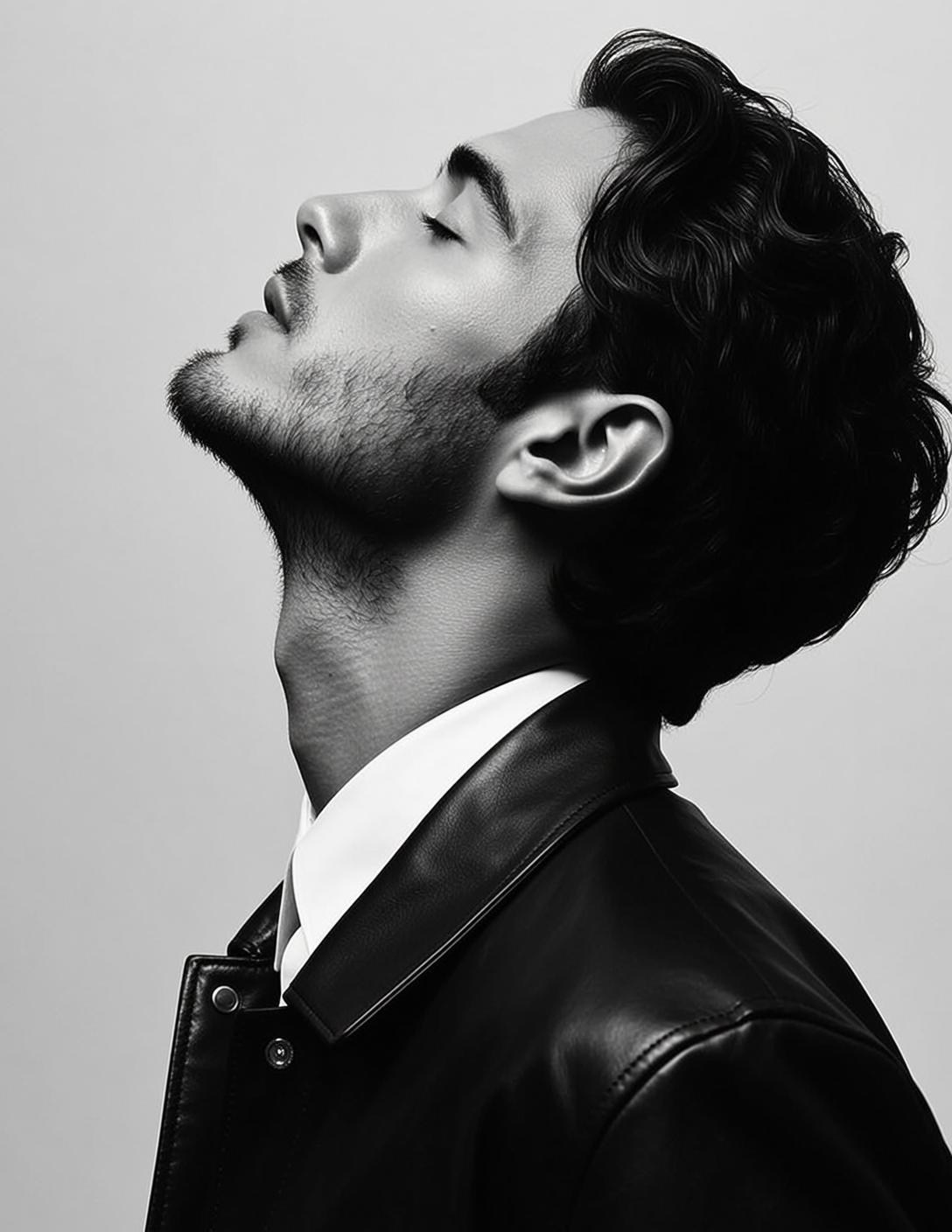 Photorealistic Black And White Medium Shot Portrait Young Man With reference photo