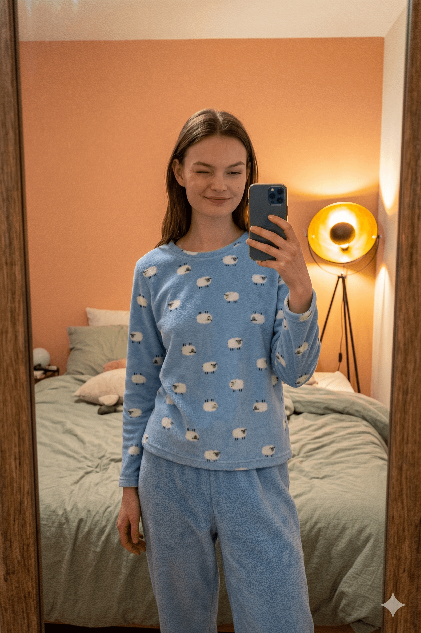 Cozy Bedroom Mirror Selfie Warm Peach Wall