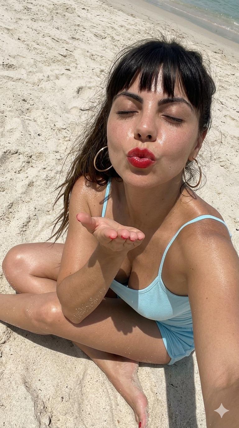 Beach Selfie Alejandra Sitting On Sand Top Down reference photo