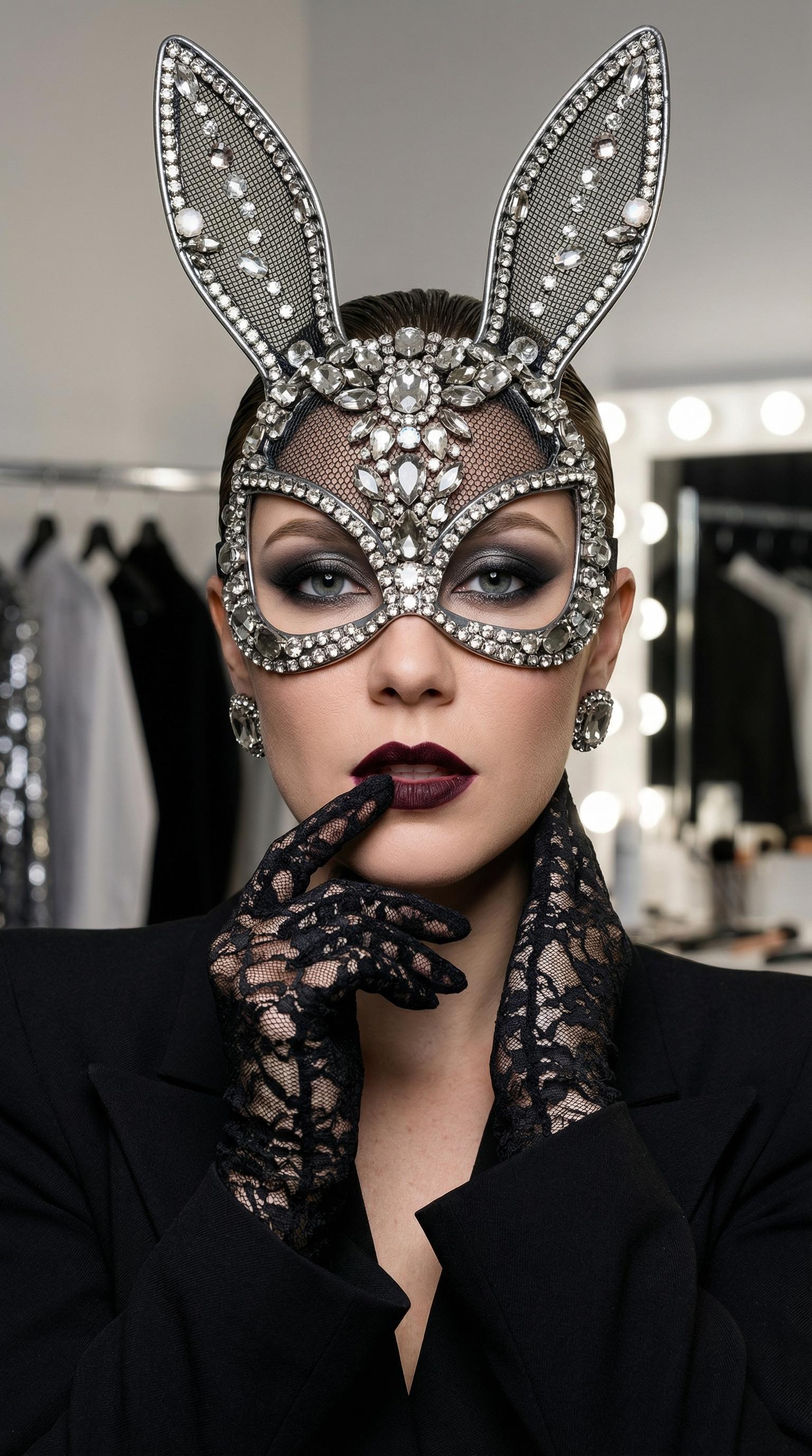 Crystal Rabbit Mask Studio Portrait Confident Gaze