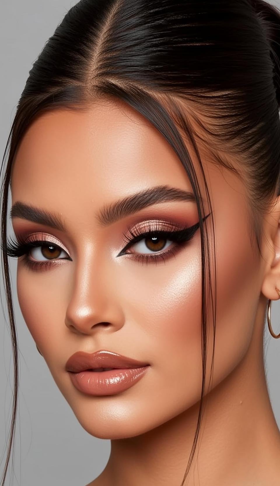 Close-up Headshot Portrait Young Woman With Dark Brown Hair Pulled reference photo