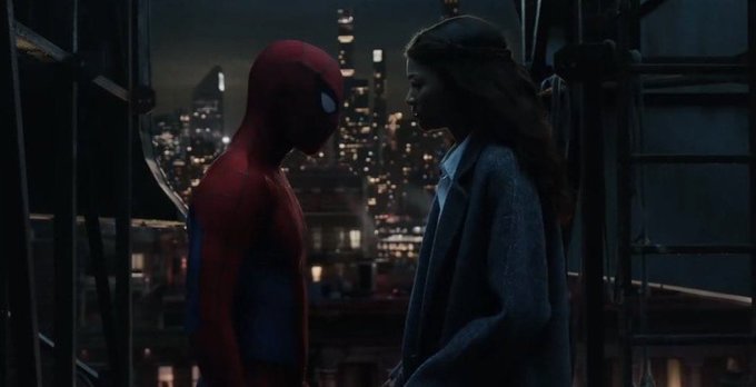 Spider Man Rooftop Night City Skyline Low Angle