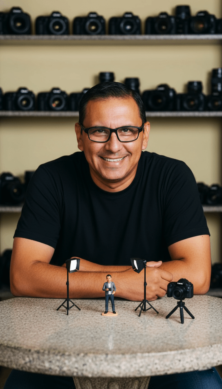 Retrato hiperrealista de un productor audiovisual sonriendo con camiseta negra, frente a mesa de piedra con cámara en miniatura y softbox.