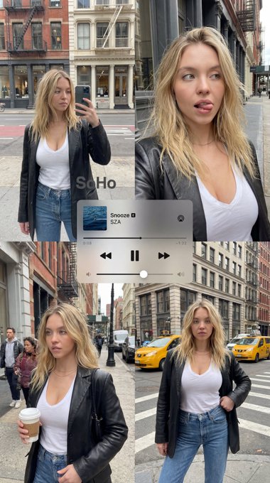 A woman in a black leather blazer and blue jeans taking a selfie on a city street with brick buildings in the background.