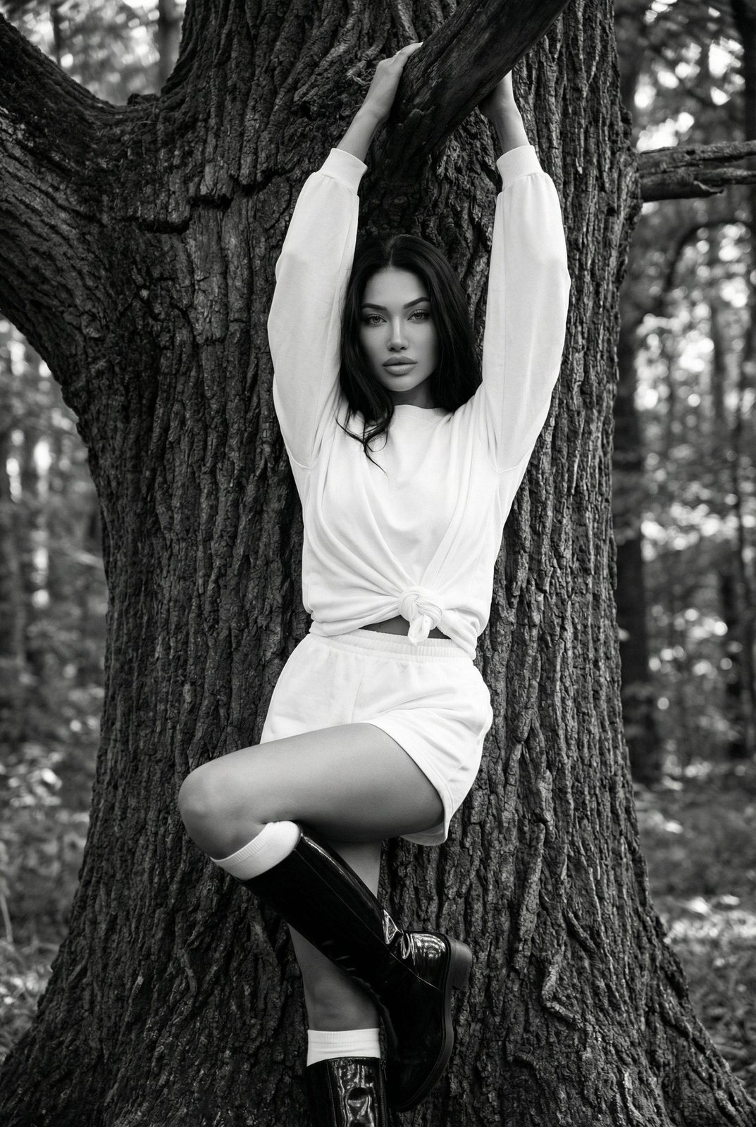 Forest Fashion Portrait White Outfit Arched Pose