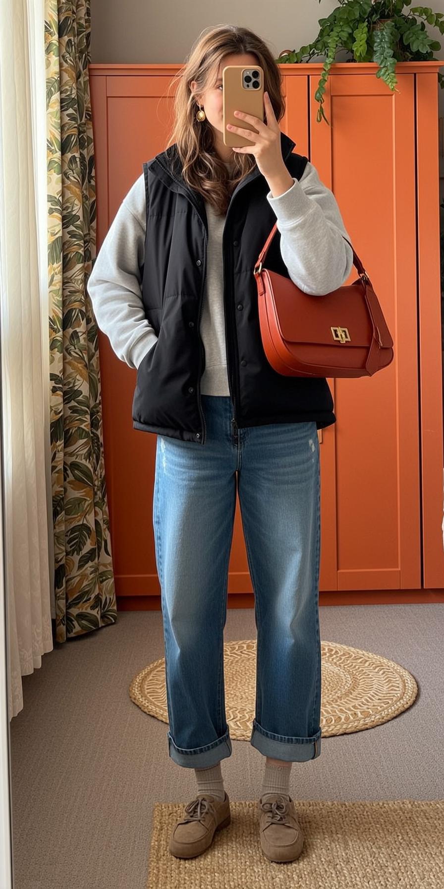 Black Sweatshirt and Light Wash Jeans Selfie on Interior reference photo
