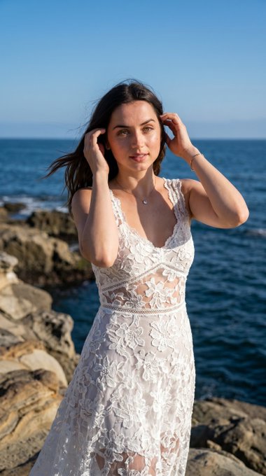 White Lace Dress Rocky Ocean V Neck Silver Necklace