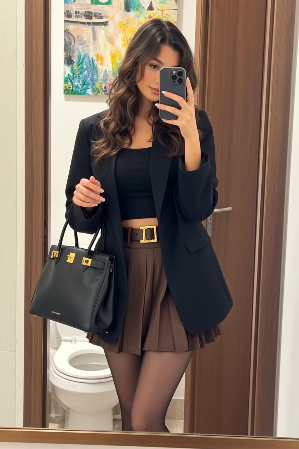 Bathroom Mirror Selfie Black Crop Top Brown Skirt reference photo