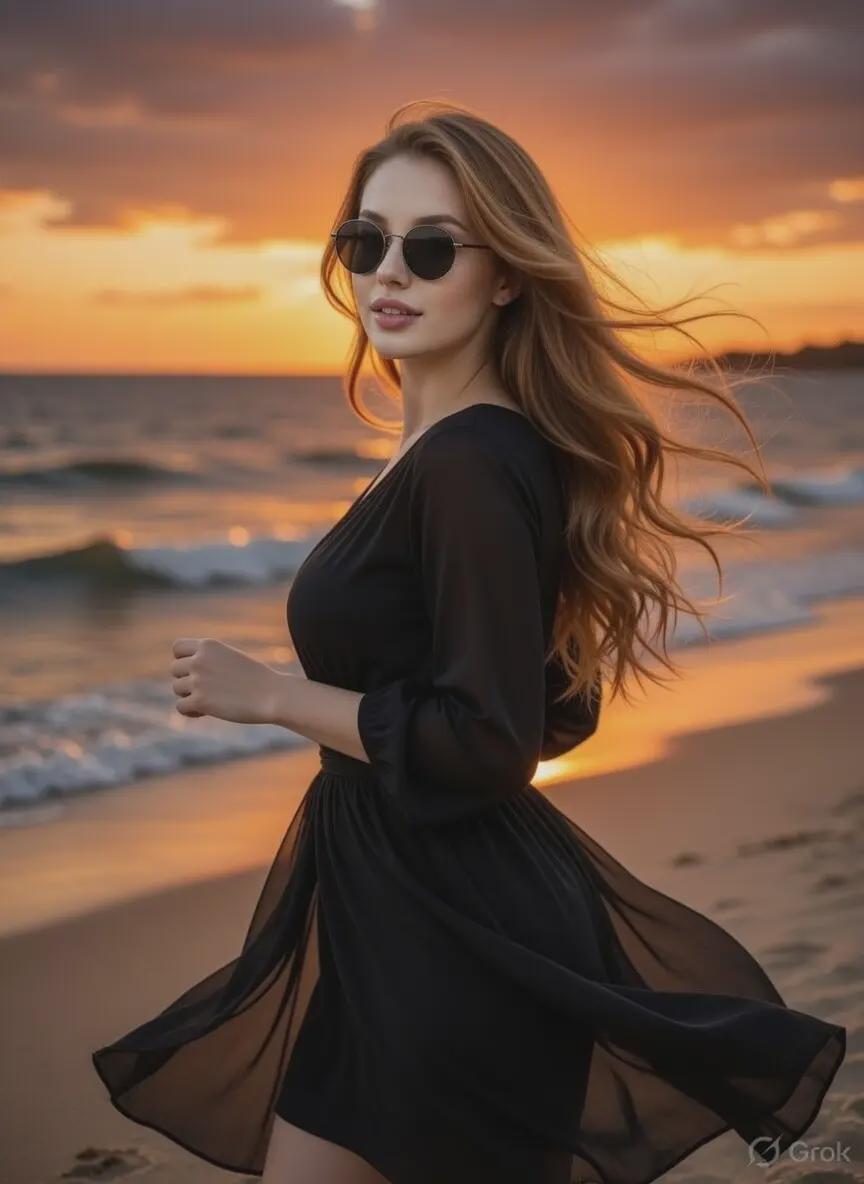 Sheer Black Dress On Beach At Sunset reference photo