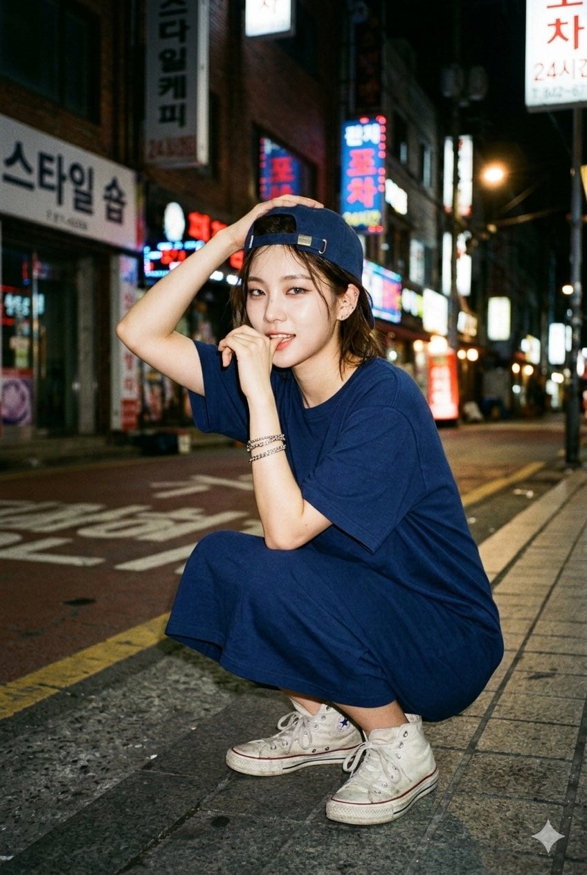 Kpop Idol Squatting Night Street Flash Gritty Urban