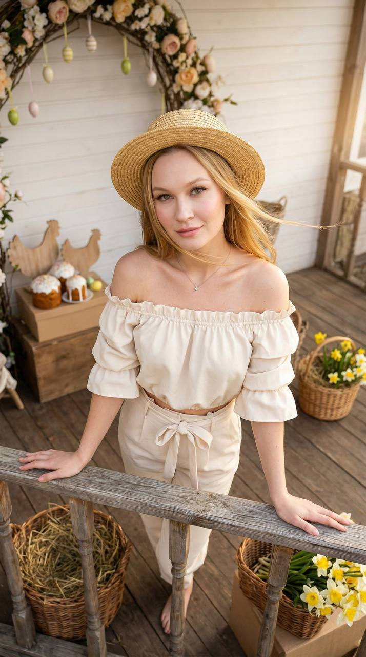 Farmhouse Veranda Straw Hat Off Shoulder Top Pose