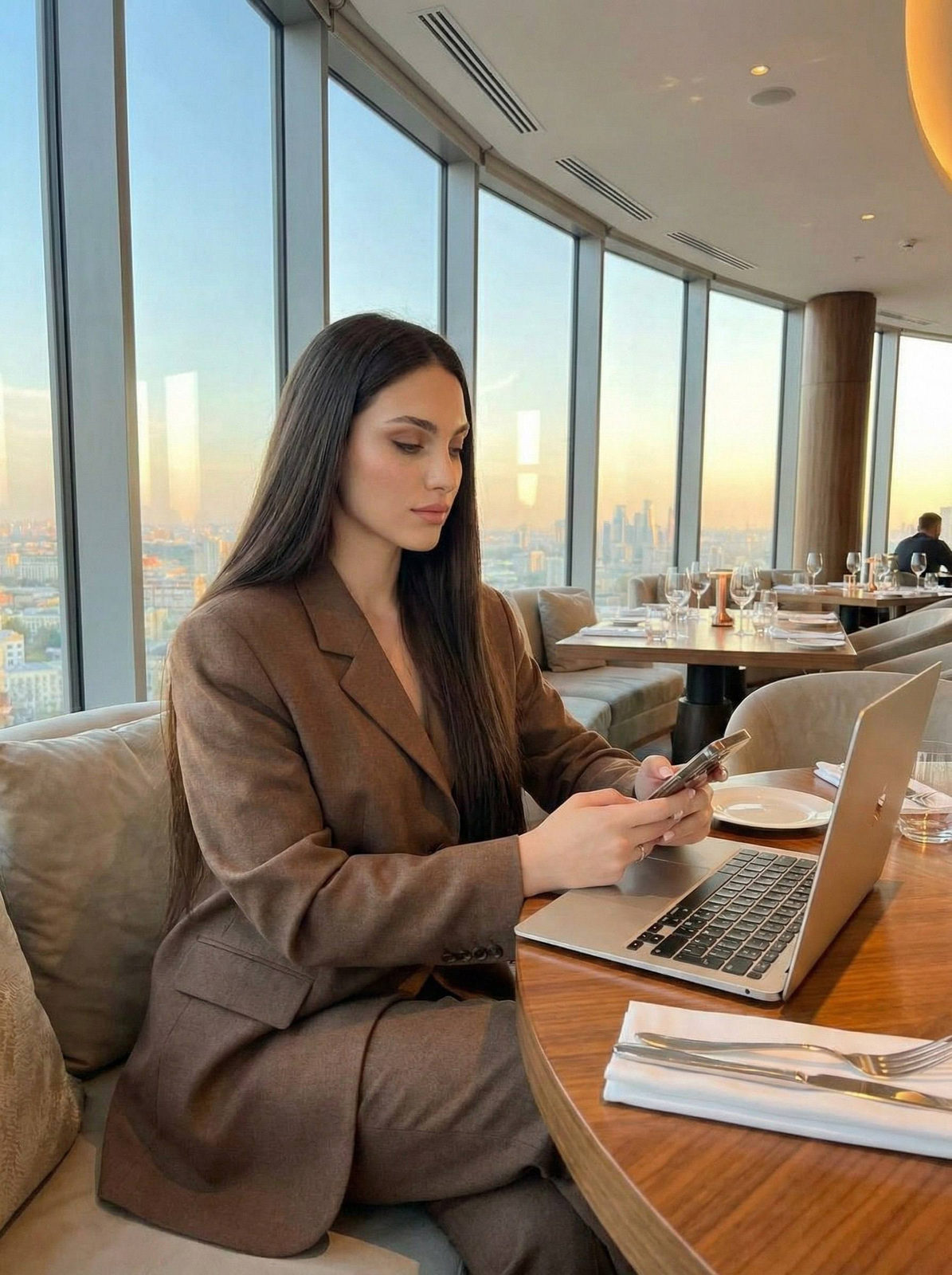 Realistic Elegant Woman Restaurant Laptop