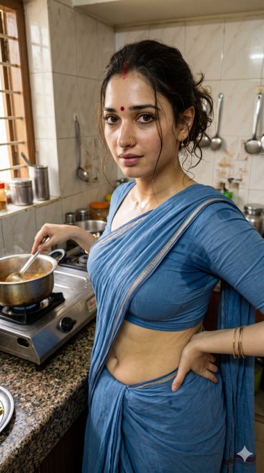 Woman in blue sari stirring a pot on a gas stove, natural light illuminating her from the left.