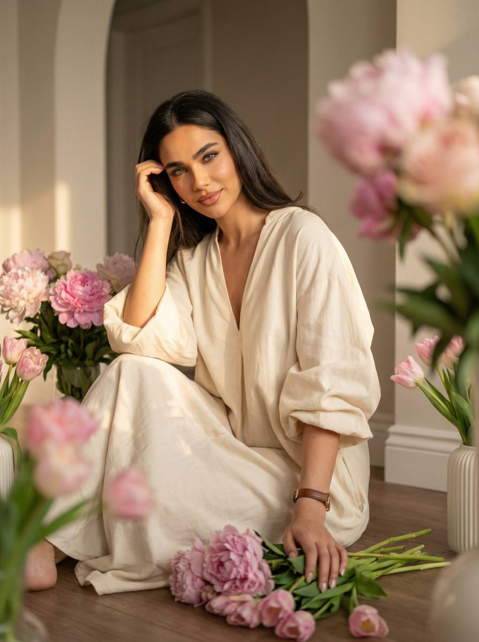 Realistic Portrait Woman Flower Vase Soft Light