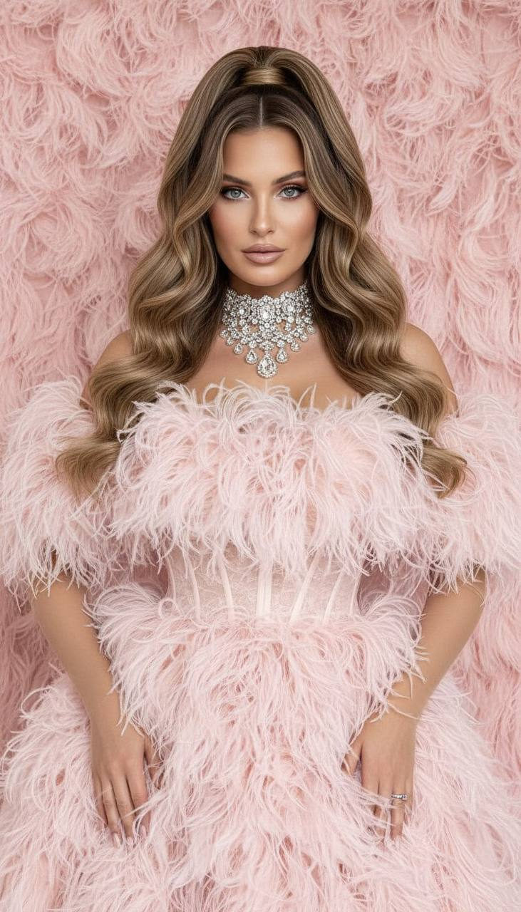 A glamorous studio portrait featuring a model in a bodice covered with pale pink ostrich feathers, highlighting dramatic lighting and elegant pose.