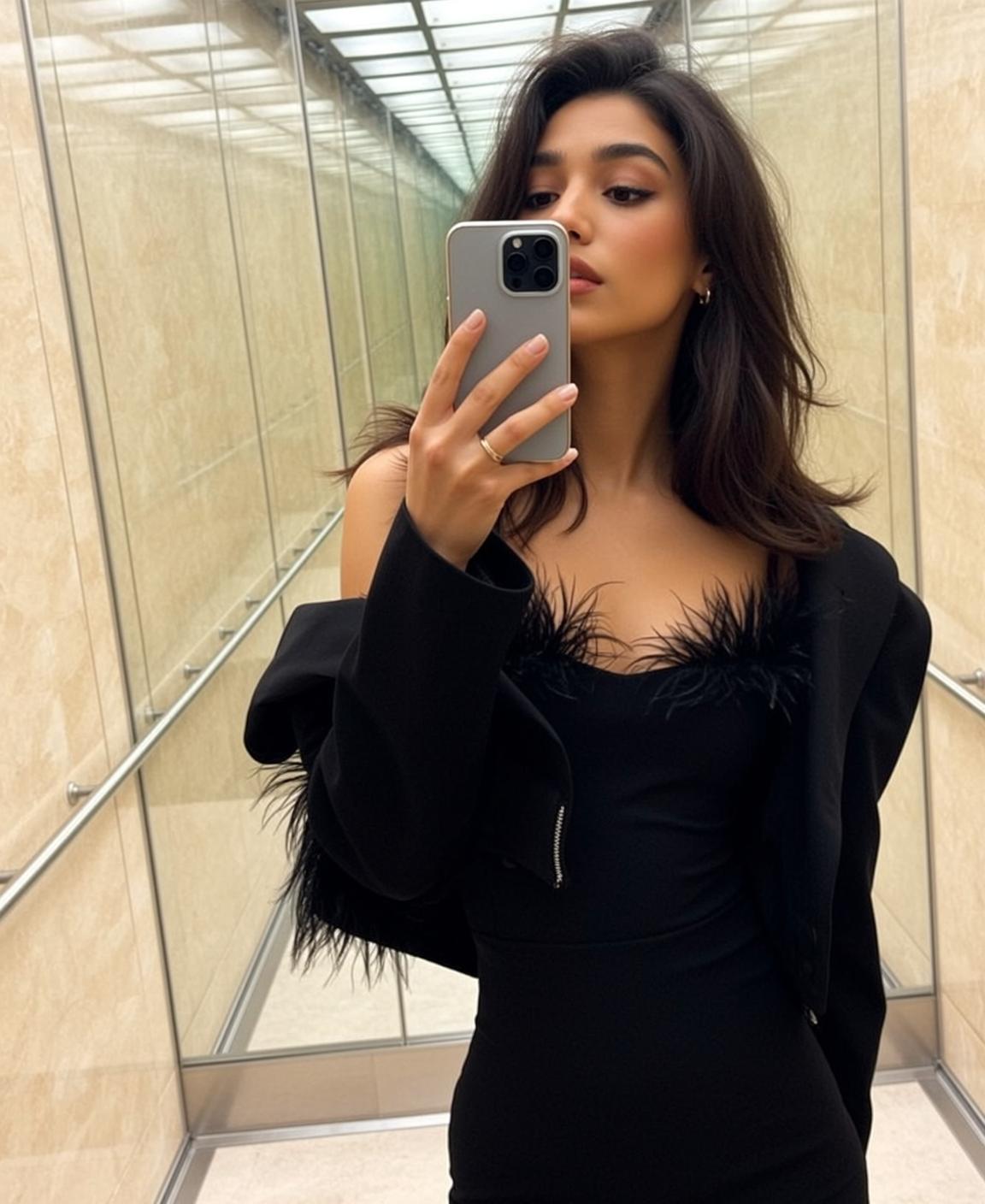 Feather Trim Dress Elevator Selfie reference photo