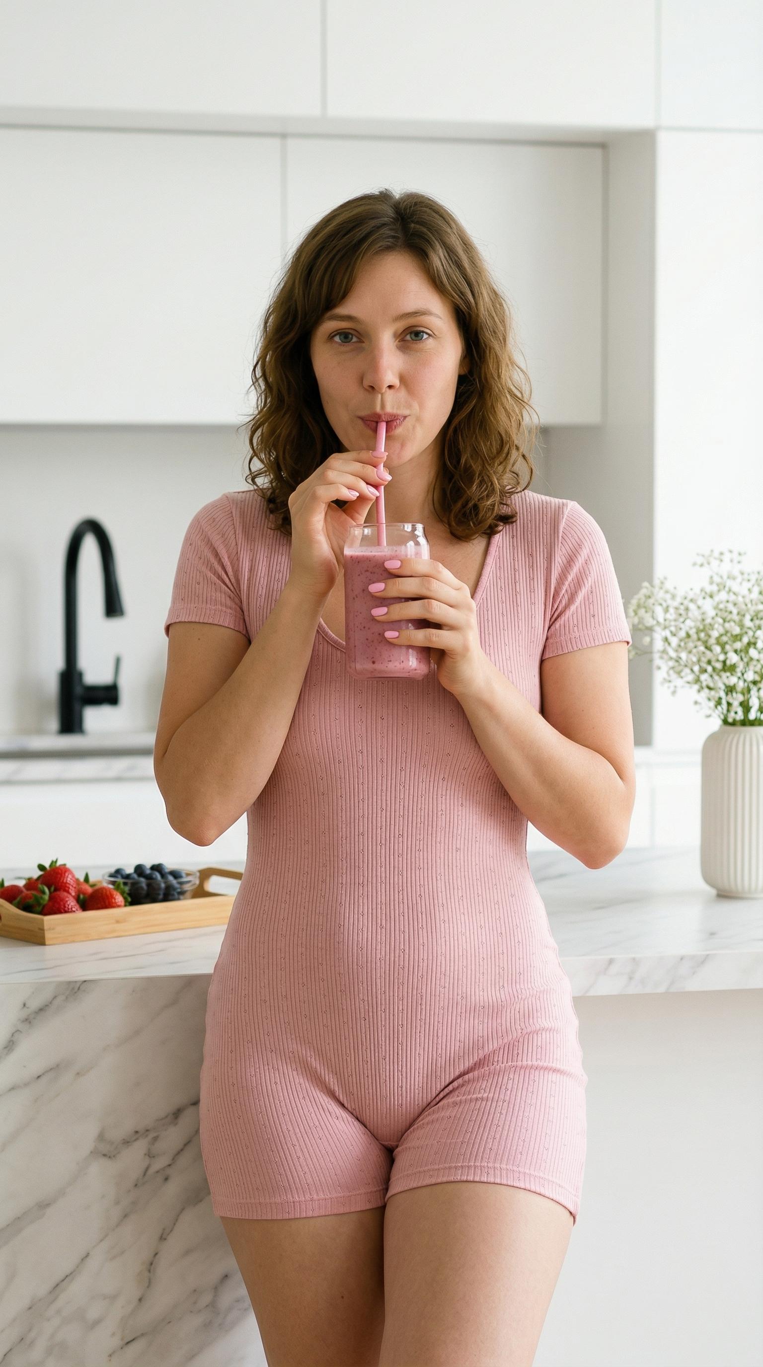 Pink Ribbed Romper Woman Soft Waves Natural Glow