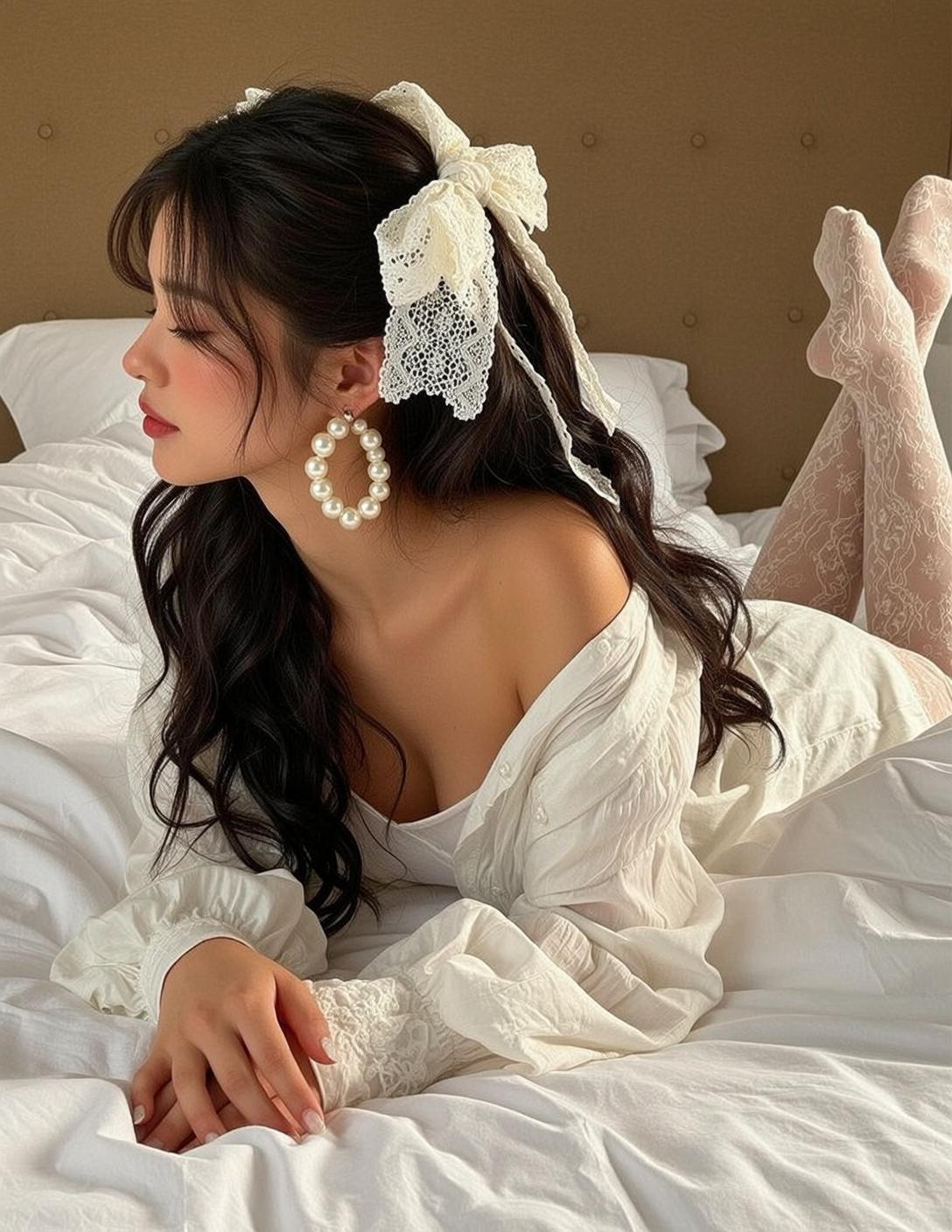 Balletcore Lying Her Stomach White Rumpled Bed reference photo