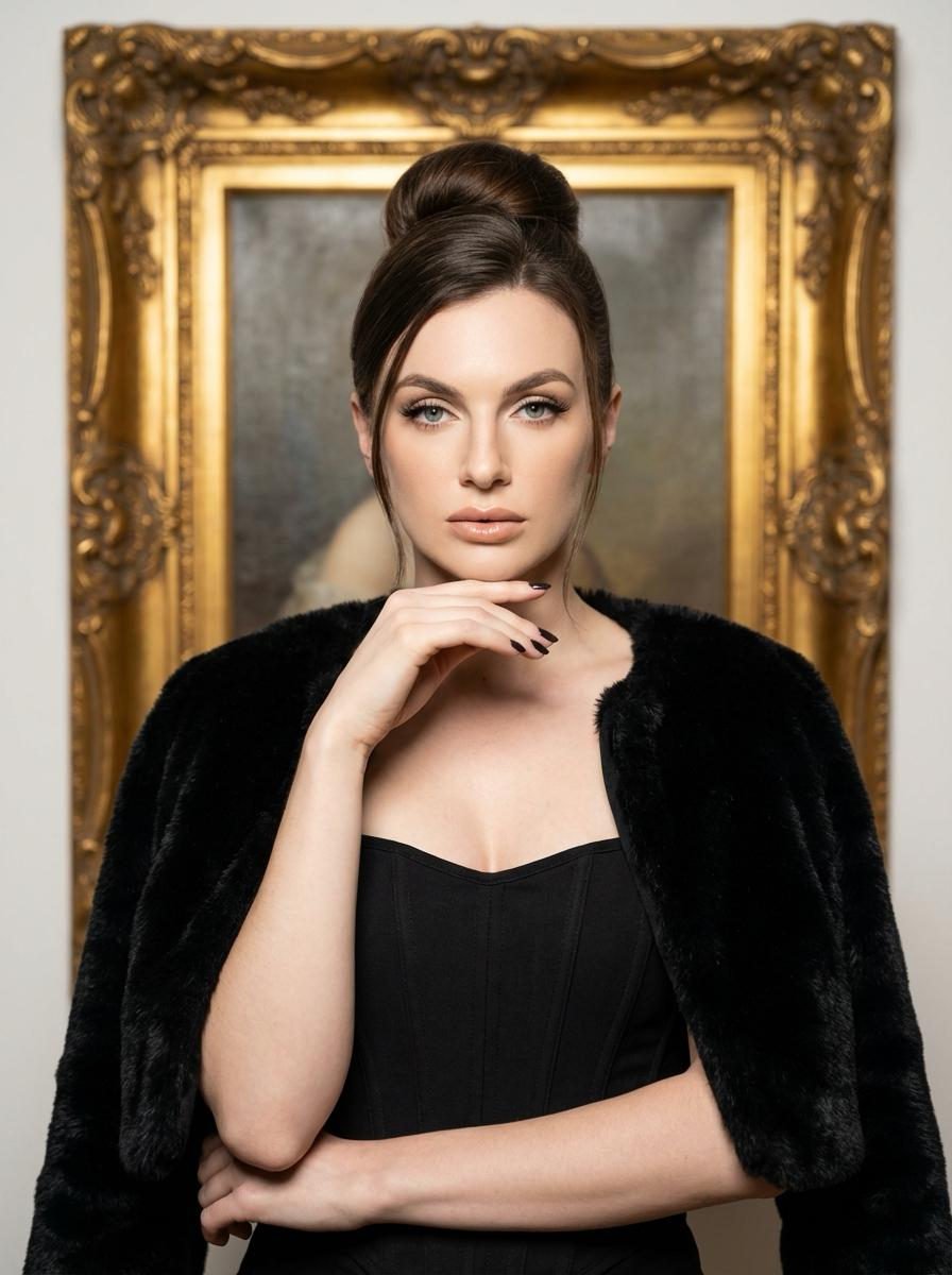 Realistic Glamour Studio Portrait Woman Black Dress Gold