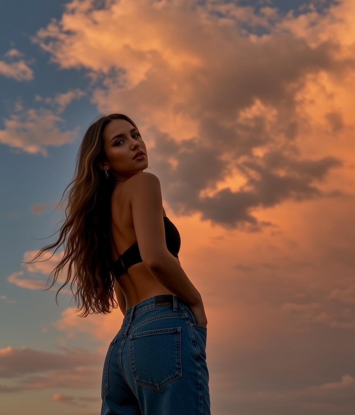 Black Bikini Top Blue Jeans Over Shoulder Golden Hour Clouds reference photo