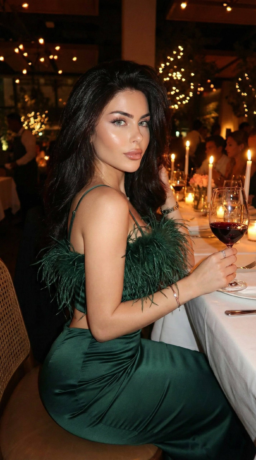 Girl Dark Green Silk Feathers Restaurant 916