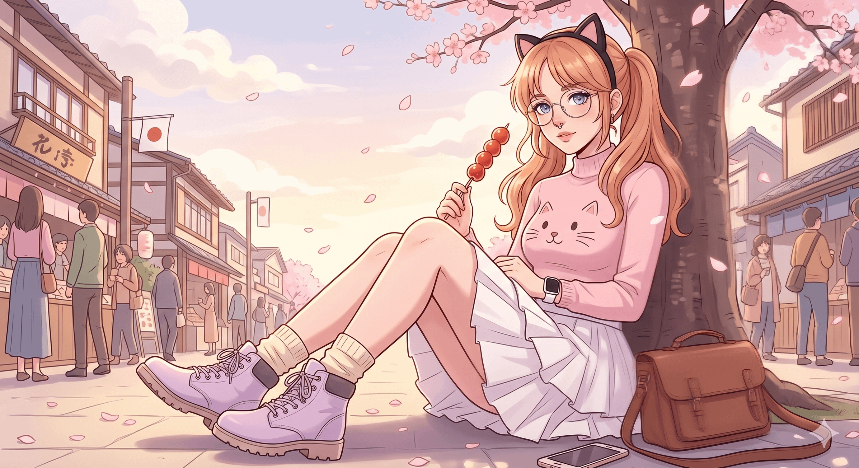 A shoujo anime woman with glasses sitting by a cherry blossom tree, wearing a pink jumper and layered skirt, holding a tanghulu stick.