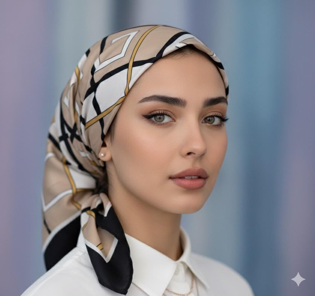 Woman with patterned headscarf in soft light, wearing a white shirt.
