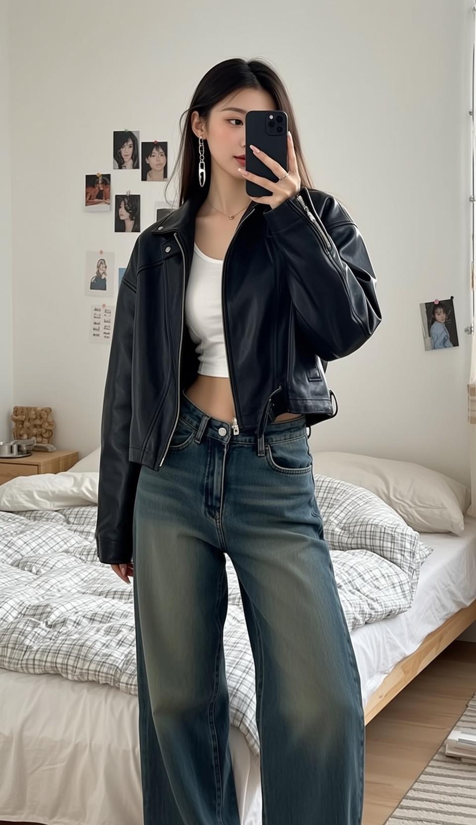 Moto Jacket Bedroom Mirror Selfie reference photo