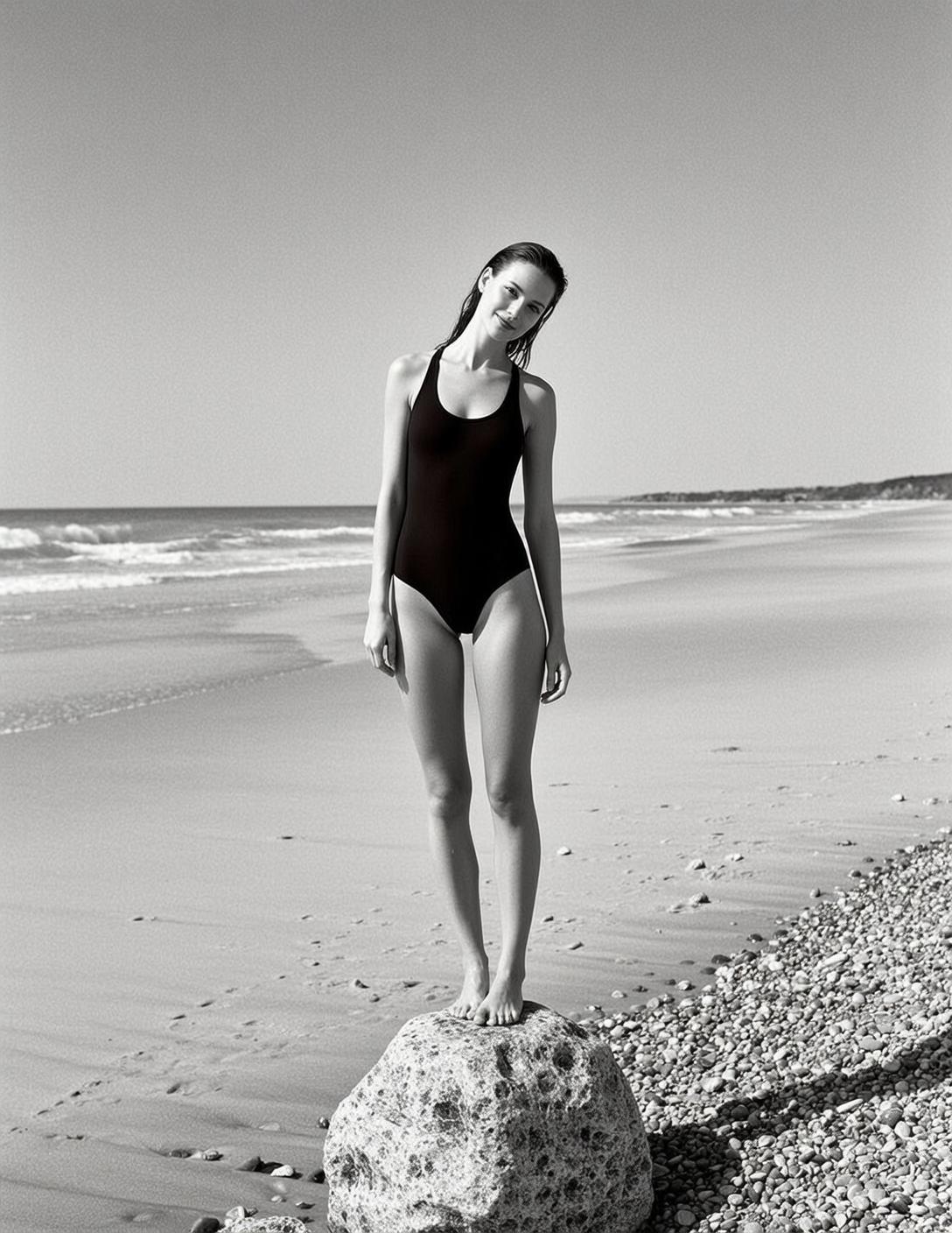 Full-body Vertical Black And White Photograph Captures Young Woman Standing reference photo