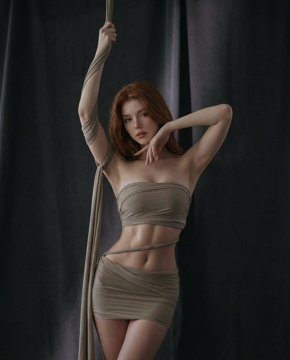 Red Hair Studio Dark Curtains Elegant Pose