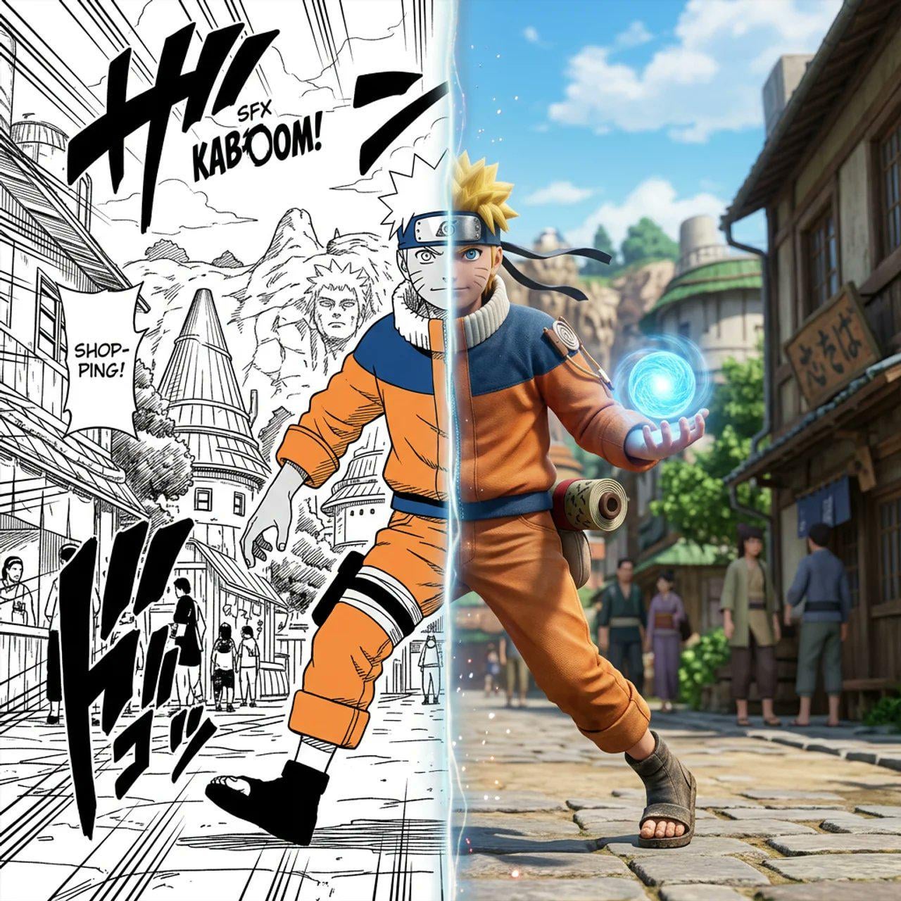 A character stepping out of a black-and-white manga panel into a vibrant 3D environment.