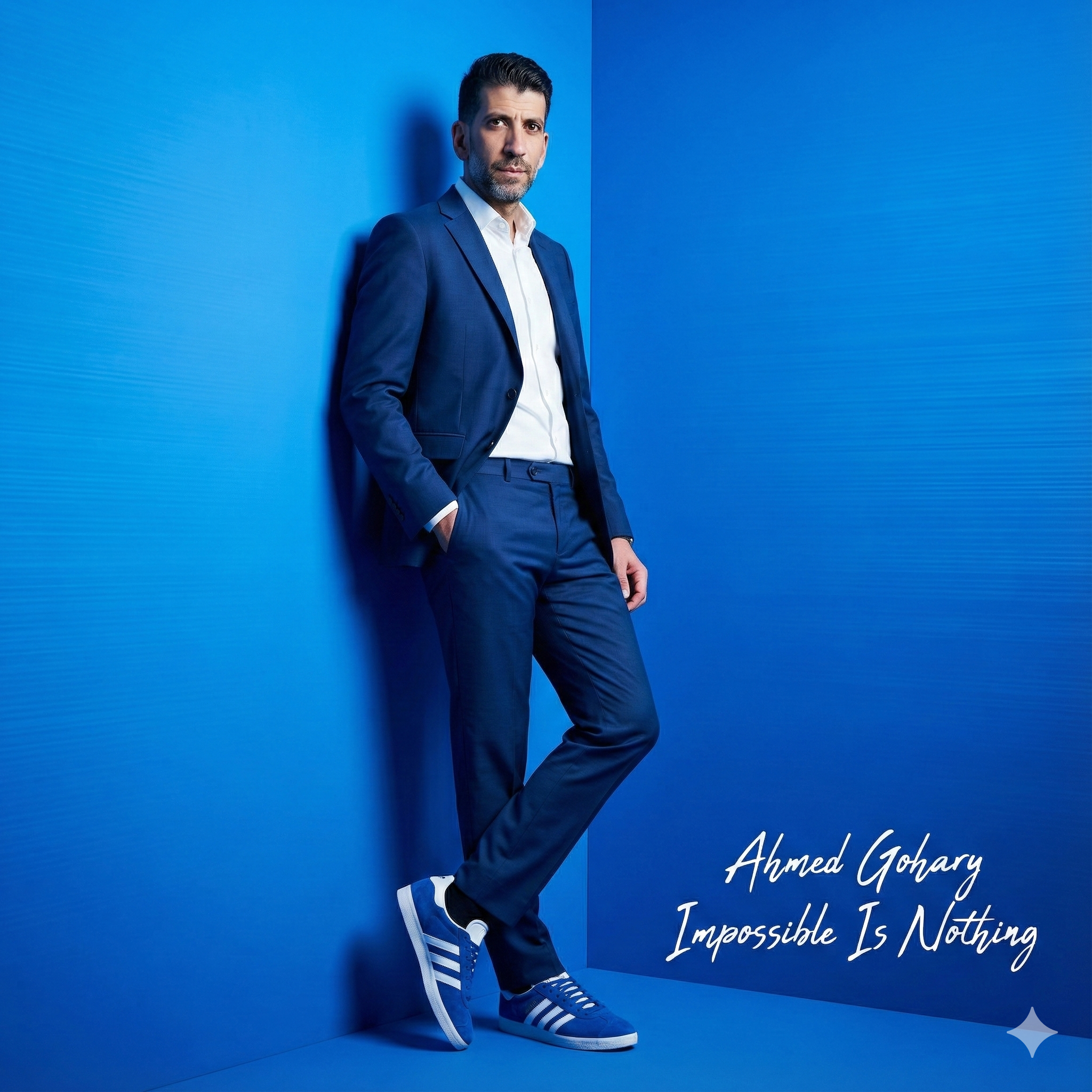 Ultra-realistic full-body portrait of a man in a tailored deep-blue suit against a vibrant electric-blue studio background.