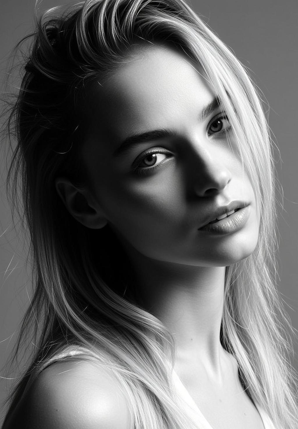 Black And White Medium Close-up Portrait Young Woman With Fair reference photo