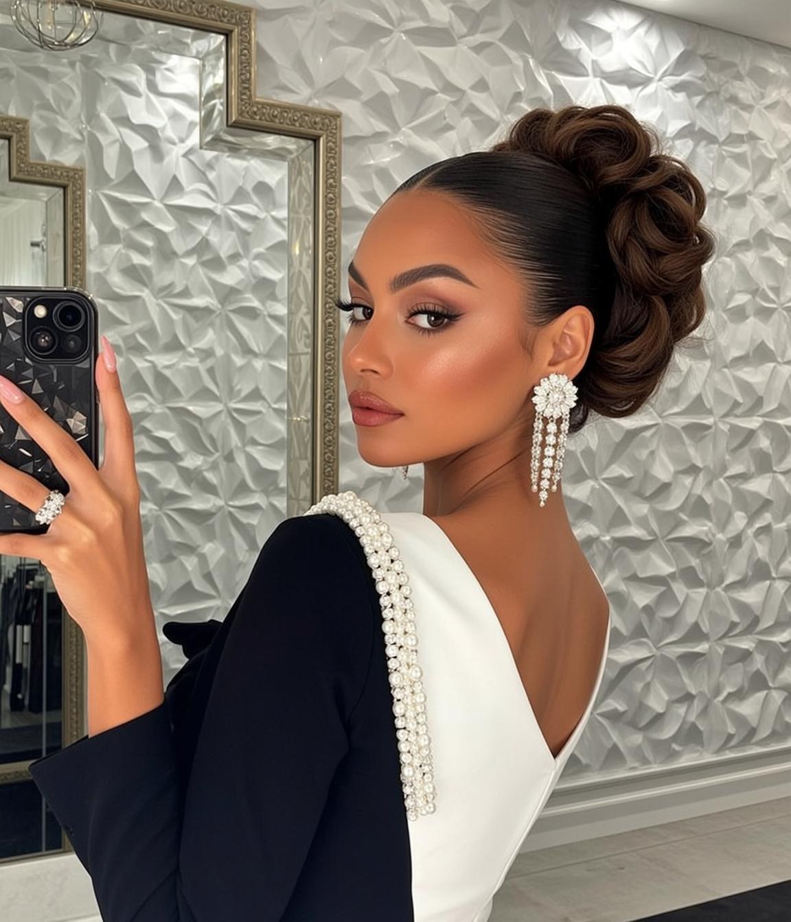 Woman Dark Hair Elaborate Updo Pearl Dress Chandelier Earrings reference photo