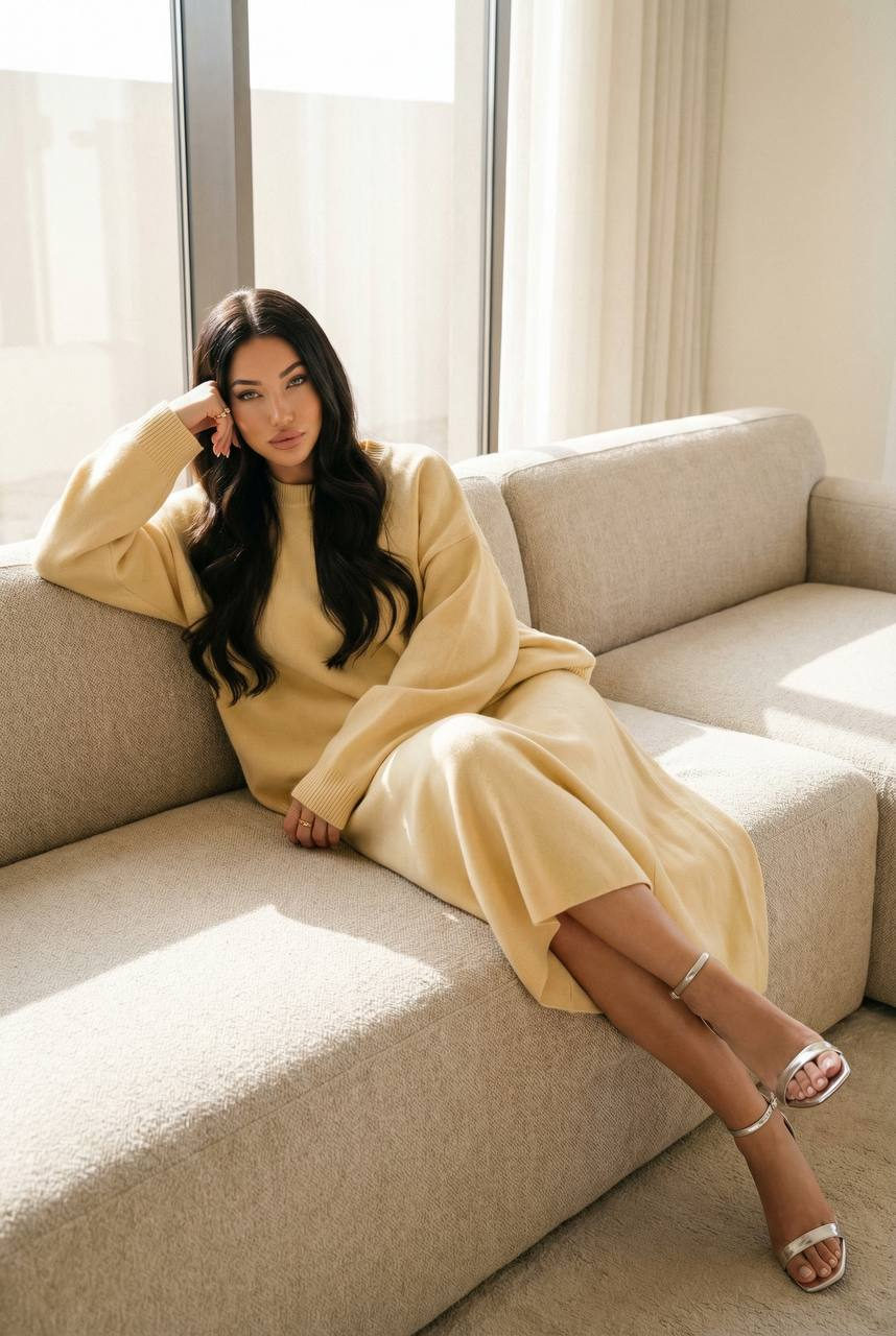 Beige Sofa Yellow Knit Woman Portrait