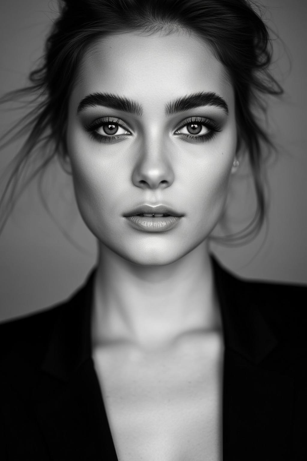 Headshot Black And White Young Woman With Dark Hair Pulled reference photo