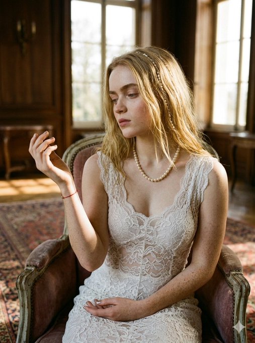 Woman seated in an antique armchair, wearing a white lace dress with pearls, softly lit by sunlight.
