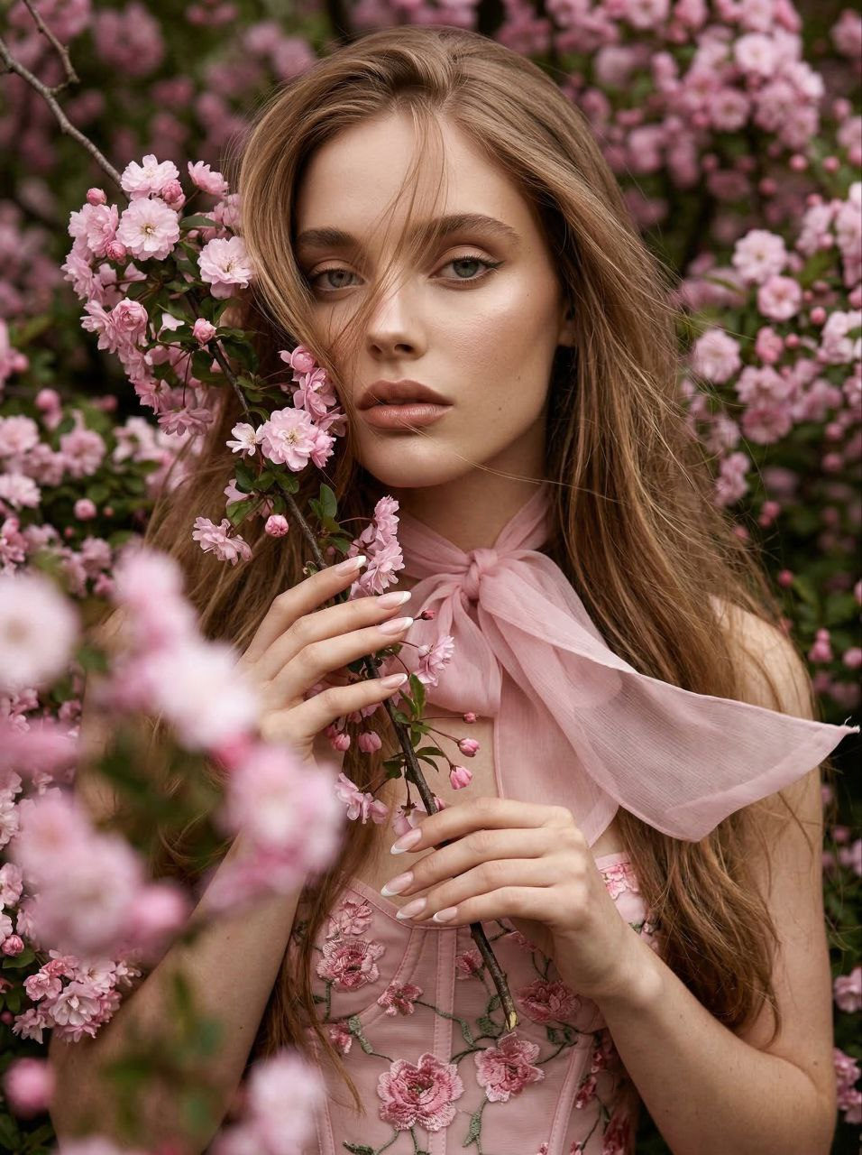 Girl Pink Flowers Corset Chiffon Scarf Cinematic Scene