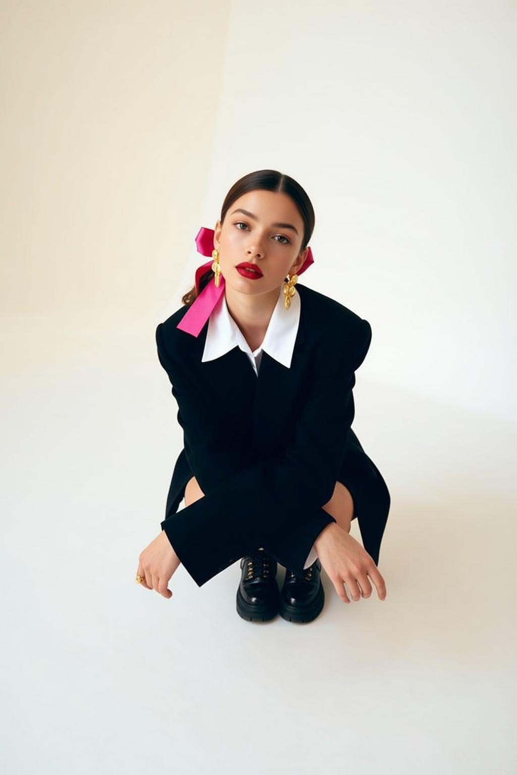 White Shirt Blazer Crouch Pose reference photo