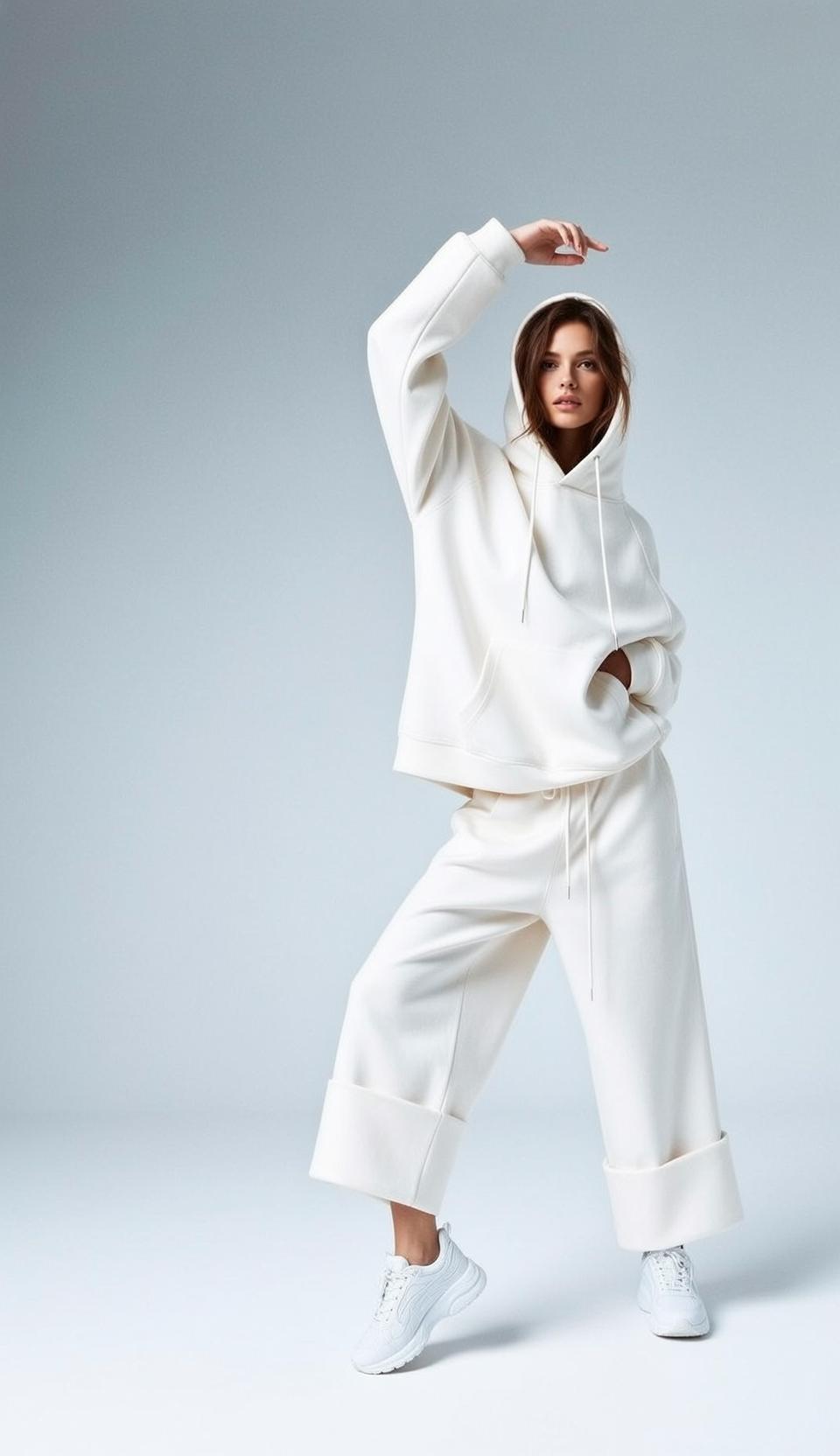 White Hoodie White Wide-leg Pants with Cuffed Hems White Floor reference photo